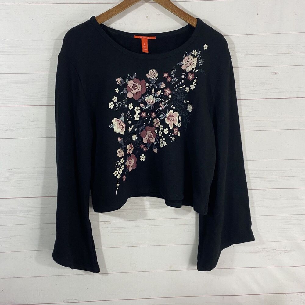 Chelsea & Violet Womens Floral Beaded Long Bell Sleeve Top Sz L Black Pullover